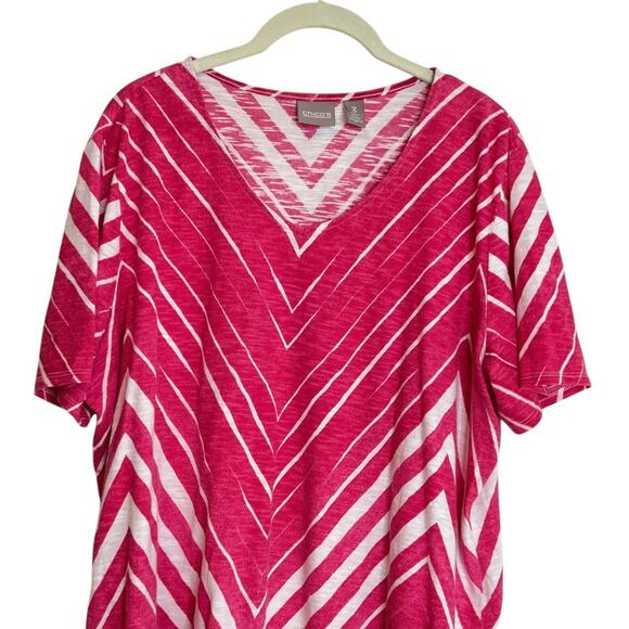 Chicos Womens Cotton Tee XL Pink White Chevron Stripe V-Neck Short Sleeve - Picture 2 of 6